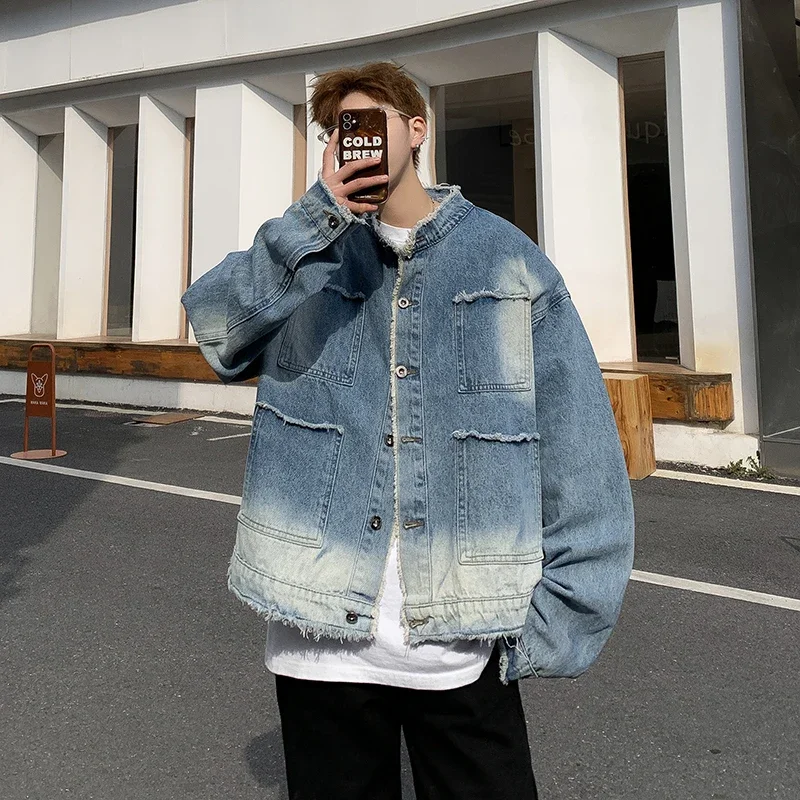 Streetwear Brand Pants - アメリカンレトロヒップホップローエッジデニムジャケットメンズ2026春新作ヒップホップパッチワークストリートウェアファッションルーズジーンズジャケットメンズ