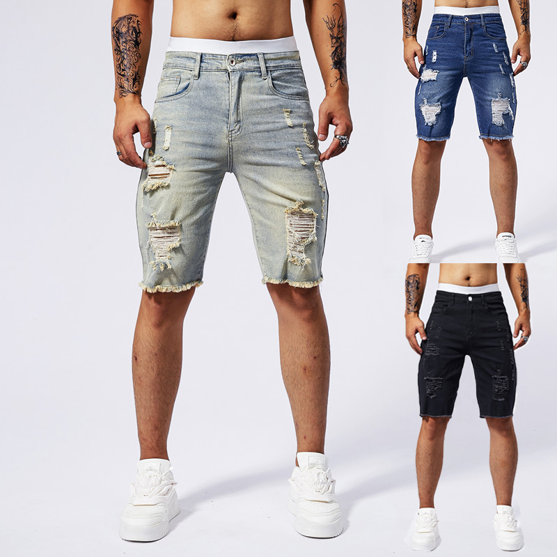 Streetwear Brand New - 2025 夏の新メンズリッピングデニムショーツファッションヴィンテージ穴ストリートストレッチスリム膝丈ショートパンツトレンディなブランド男性