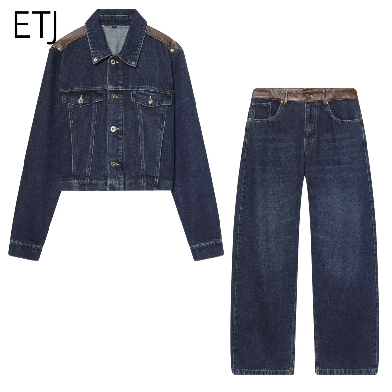 Streetwear Brand Pants - ETJ レディースデニムジャケット＆ジーンズセット クロップドレザーパッチ オーバーサイズワイドレッグパンツ セットアップ 2026