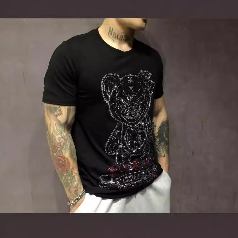 Streetwear Brand New - 2025 新しい半袖 Tシャツ男性ブランド服漫画クマラインストーンファッション男ストリート O ネックスリム Tシャツプラスサイズ