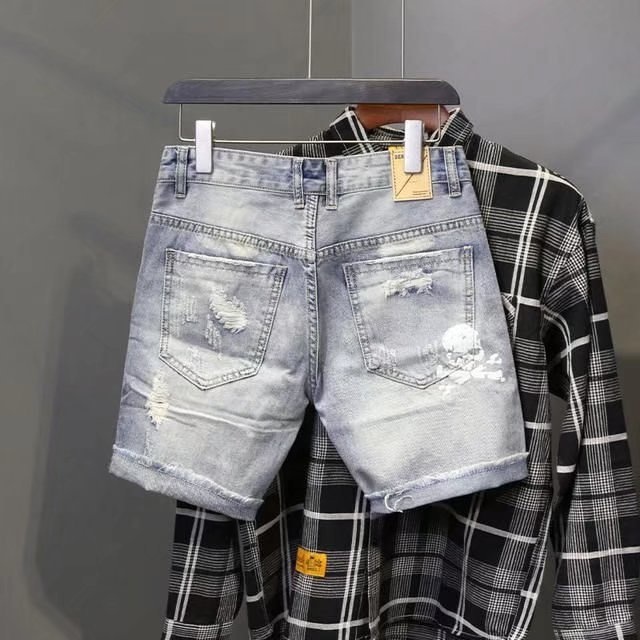 メンズの穴のある伸縮性のあるサマージーンズ,フィットしたファ - Streetwear Brand Pants のレビューと価格